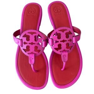Tory Burch Miller Sandals Pink Red Colorblock Pebbled Leather 10